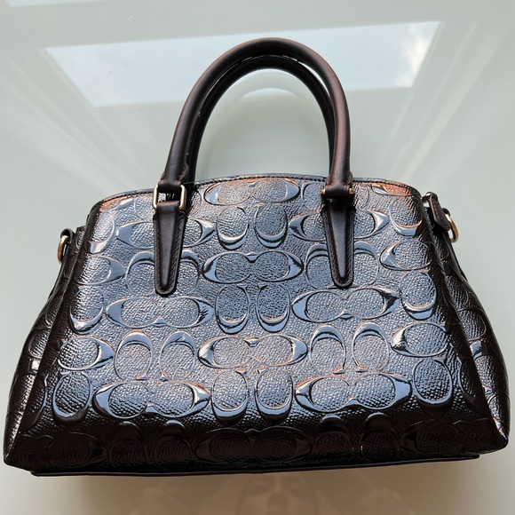 Coach Sage Carryall Black Leather Embossed Patent Logo Satchel small - Picture 3 of 9